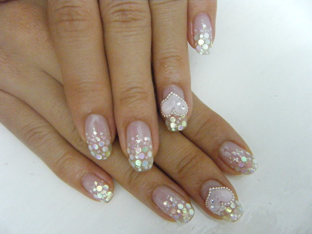 GEL NAIL with glitter and hologram(glitter) design with 3D heart ...