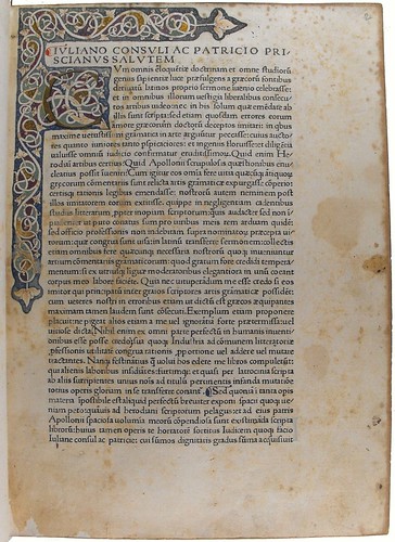 Illuminated initial and decoration in Priscianus: Opera
