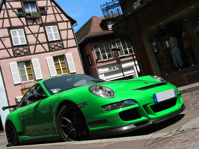 Nice green Porsche 911 GT3RS in the old center of Colmar