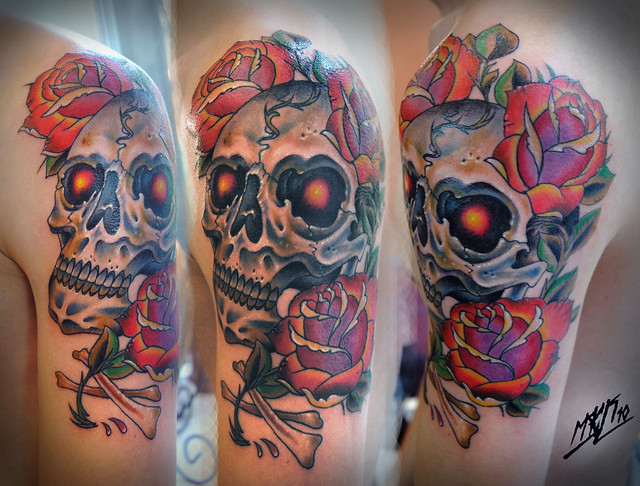 skull and roses neotraditional tattoo 2 sessions 5 hours