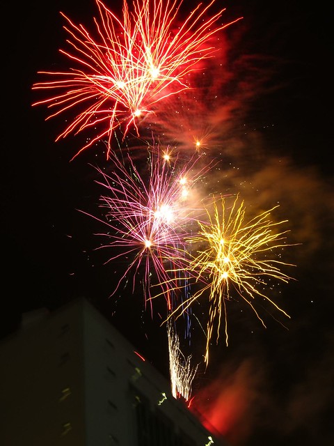 Fireworks explode over a government building.