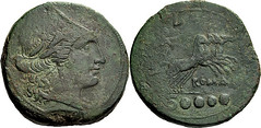97/9 Luceria L Dextans. Italian civic mint. Ceres; L / Victory in quadriga / ROMA / Soooo. RR 39g10. Heavy issue, three known examples above 36g.