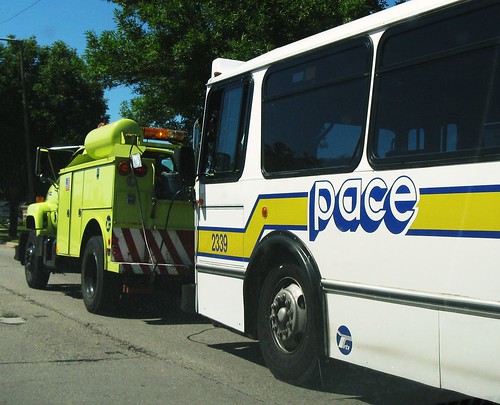 Disabled Pace bus being towed southbound on Waukegan Road. Glenview Illinois. Thursday, July 1st, 2010. by Eddie from Chicago