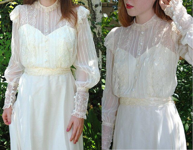 Vintage 1970s Ivory Organza Lace Victorian Train Wedding Gown 5