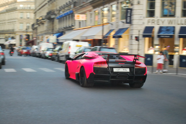 Insane Matte Pink Murcielago LP6704 SV driving through Paris back streets