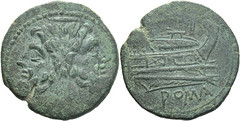 99/10 Luceria P As. Fourth phase. Janus; I / Prow / ROMA. No mintmark but upward gaze of Janus in style of P coinage.  RR 7g65
