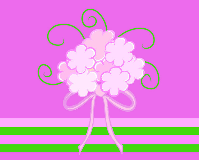 Clip Art Illustration of a Wedding Bouquet on a Green and Pink Background