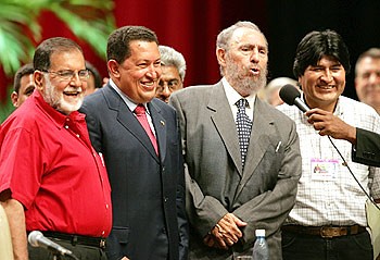 Schafik Handal of the FMLN in El Salvador, Hugo Chavez of Venezuela, Fidel Castro of Cuba and Evo Morales of Bolivia. This photo was taken in 2004. A tribute to Handal was held in Oct. 2010. by Pan-African News Wire File Photos