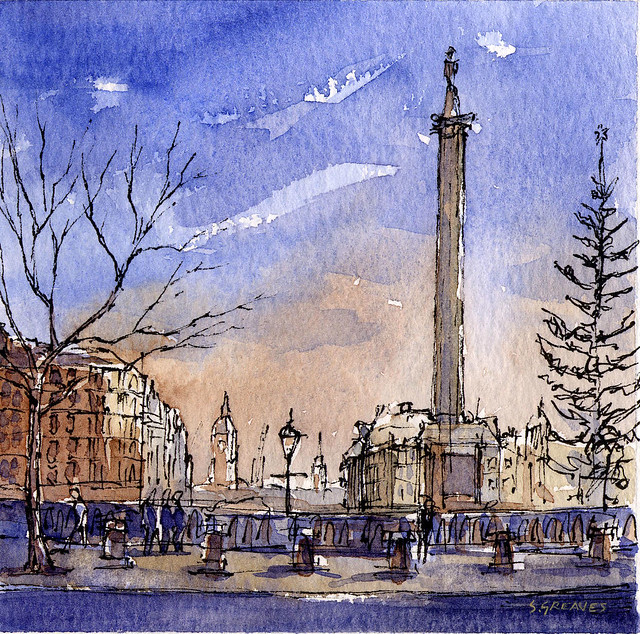 Trafalgar Square London Ink Watercolour Painting by Steve Greaves