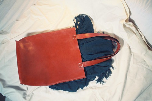 Handmade leather tote bag.