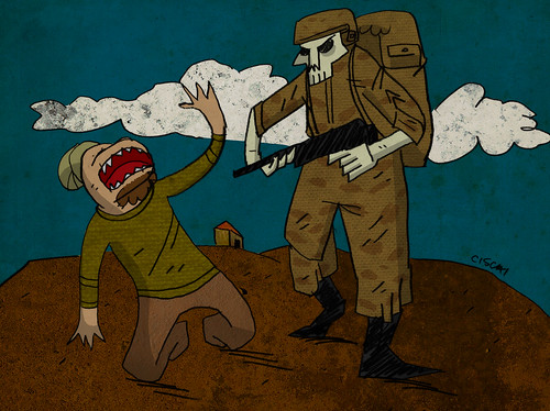 Ilustración: un soldado apunta a un civil que implora de rodillas