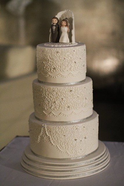 My silver n white lace wedding cake by cyovero silver on white wedding cake