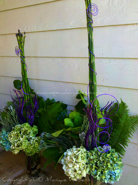 Tall wedding centerpieces green purple antique hydrangea fern