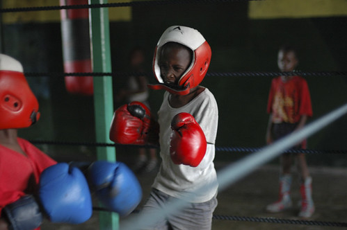 Young boys train in a boxing club