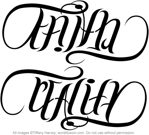 A custom ambigram of the words Faith Reality created for a tattoo 