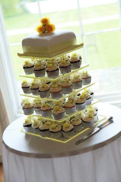 Yellow Ivory wedding cupcake tower selection of chocolate and lemon 