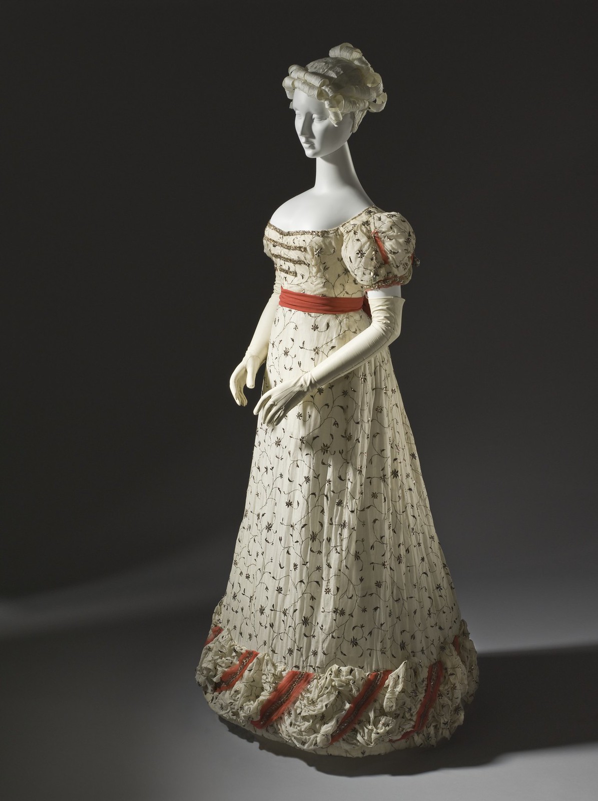 1820 Ball gown. British. Cotton plain weave with metallic thread embroidery and silk ribbons with metallic passementerie and tassels. LACMA