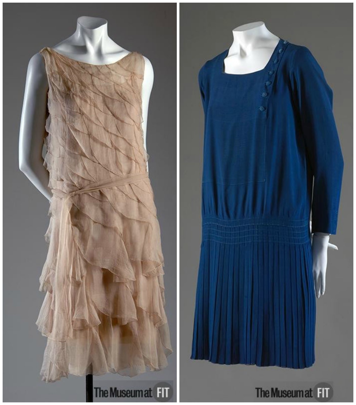 1920s Chanel dresses. Left Pink crepe chiffon (1925). Right Blue silk crepe (1926). Credit MFIT