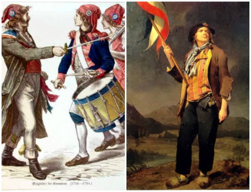 French revolutionaries wearing Phrygian caps and tricolor cockades and sans-culotte carrying earlier tricolor