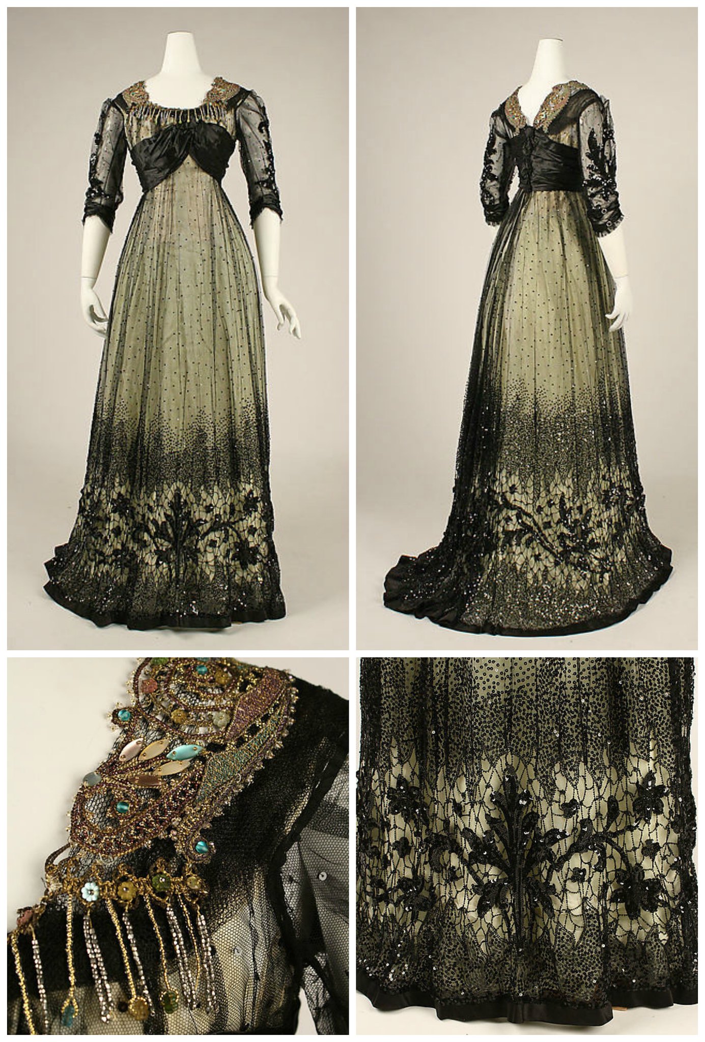 1908 Ball gown. American. Silk, cotton, glass, metallic thread. metmuseum