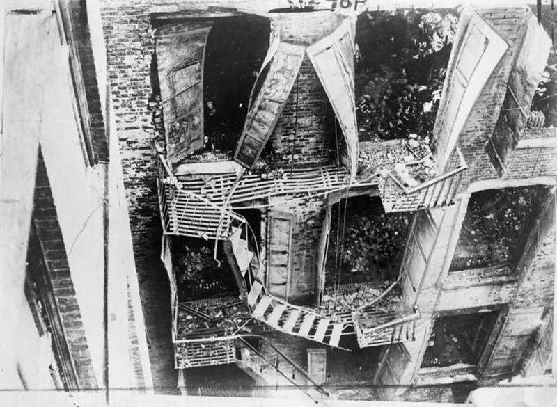 Damaged fire escape at the Triangle Shirtwaist Company after the 1911 fire