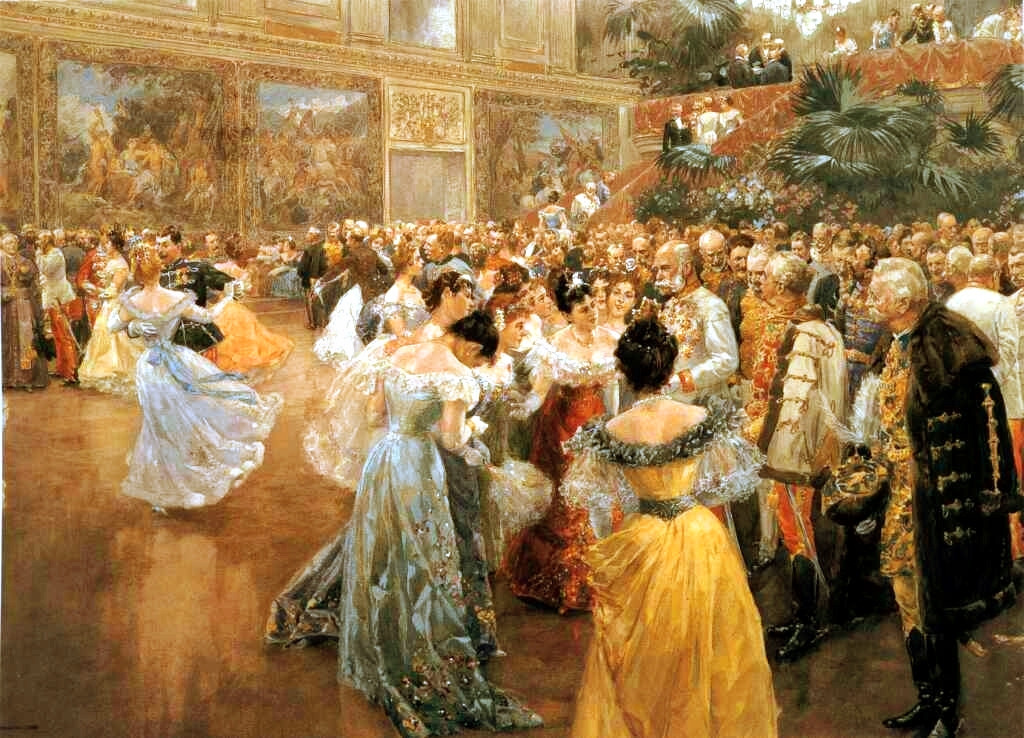 Aristocrats gathering around Emperor Franz Joseph at a ball in the Hofburg Imperial Palace, painting by Wilhelm Gause, 1900