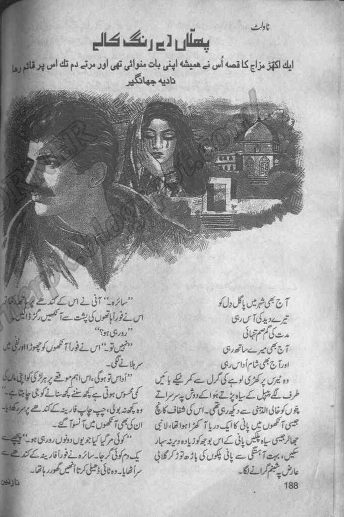 Phullan De Rang Kaly  is a very well written complex script novel which depicts normal emotions and behaviour of human like love hate greed power and fear, writen by Nadia Jahangir , Nadia Jahangir is a very famous and popular specialy among female readers