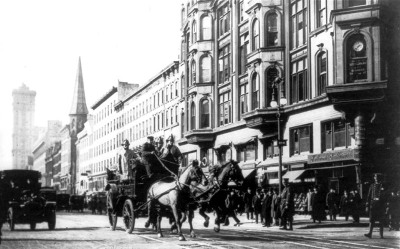 Horse-drawn fire engines in street, on their way to the Triangle Shirtwaist Company fire, New York City March 25 1911