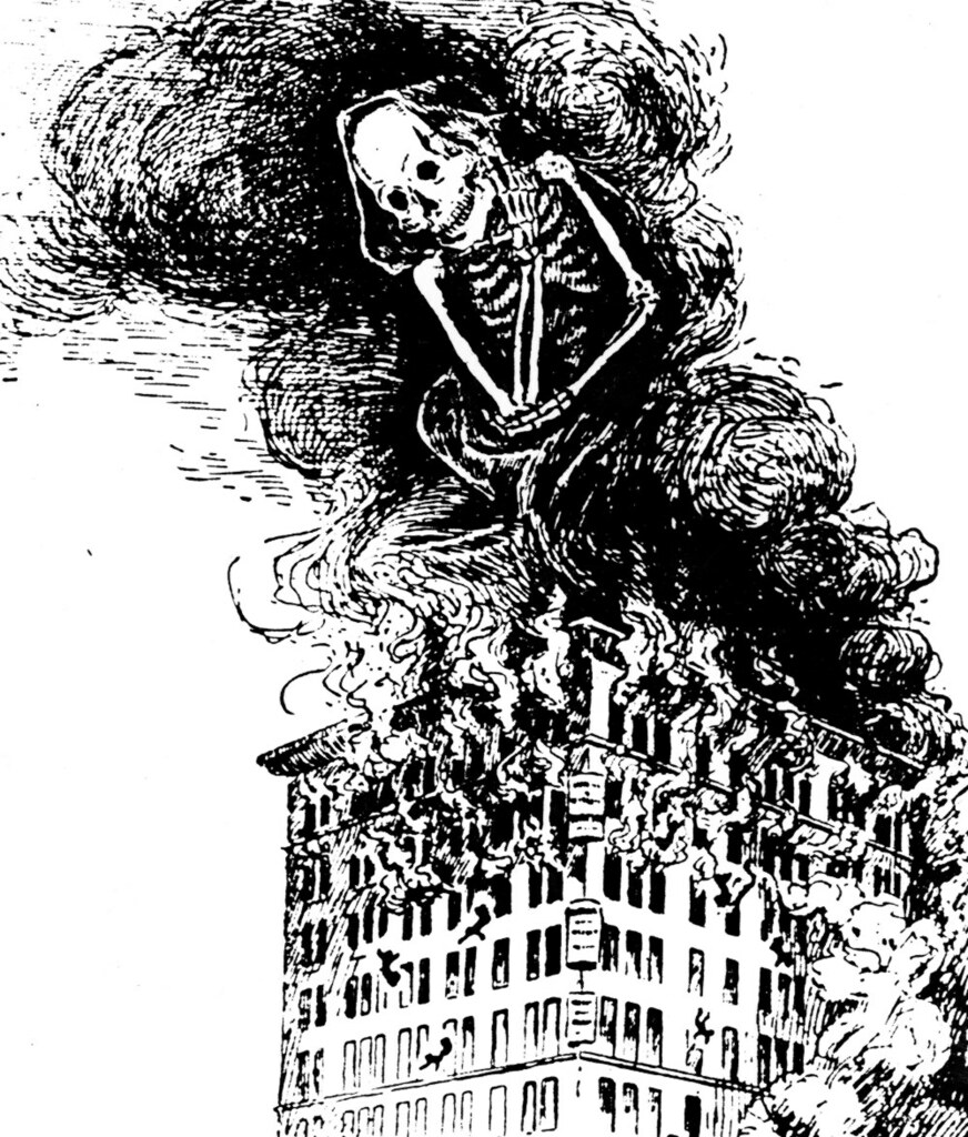 The spectre of Death rises with the smoke and flames of the burning Asch Building as people jump and fall to their death, 1911