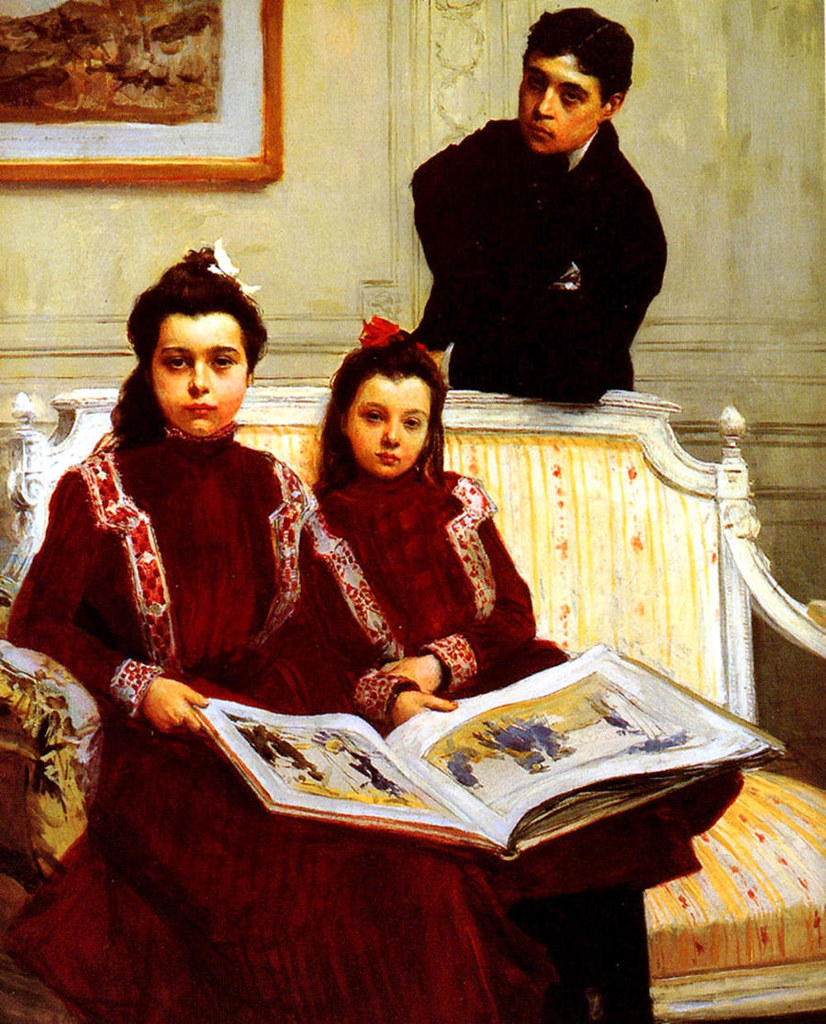 Family Portrait of a Boy and his two Sisters admiring a Sketch Book by Francois Flameng, 1900