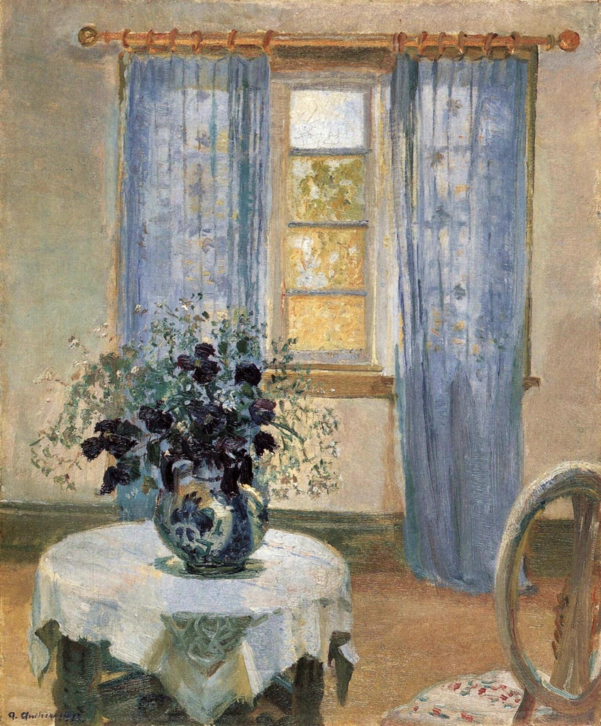 Living room with light blue curtains and blue Clematis, 1913