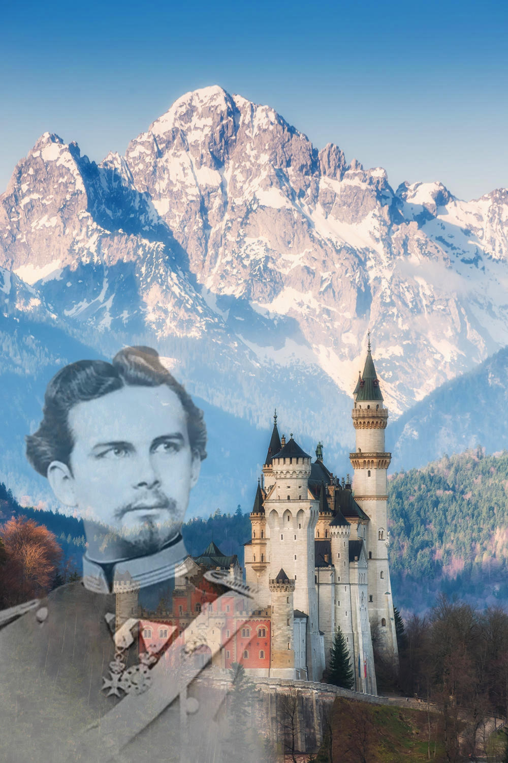 Castle Neuschwanstein against the Bavarian Alps, Germany. Derivative works based on photo by Dmytro Balkhovitin