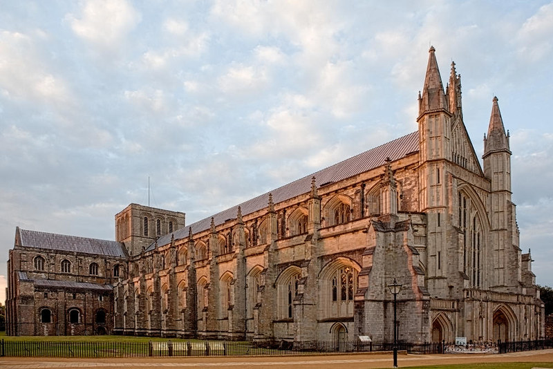 Winchester Cathedral showing west end, central tower and longest Gothic cathedral nave in Europe. Credit WyrdLight.com