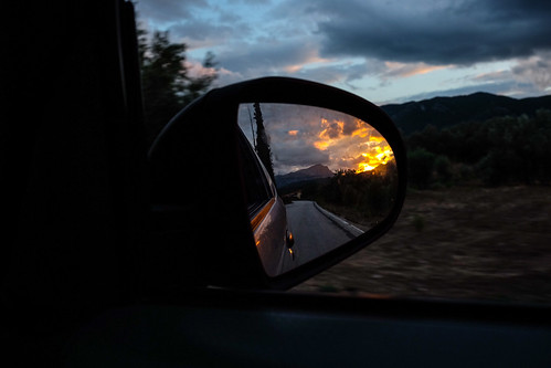 #ontheroad #mirror #reflection #car #sunset #road #evening #sky #blue #countryside #countryroad