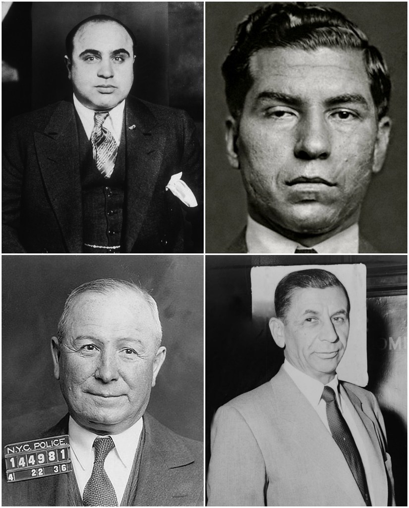 20th-century Mobsters (Clockwise): Al Capone, Lucky Luciano, Meyer Lansky, and Johnny Torrio.
