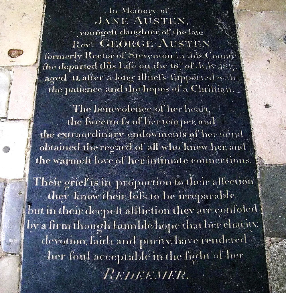 Jane Austen's memorial stone in Winchester Cathedral. Credit Spencer Means, flickr