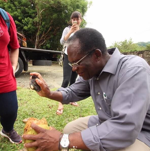 Professor Henry Richardson, architecture, opens a coconut during a class trip to Trinidad and Tobago with the option studio Cultural Tourism in Trinidad and Tobago: Promoting Carnival, Calypso, and Bond Culture in Crusoeland. photo / Amy Wood (B.Arch. '18)