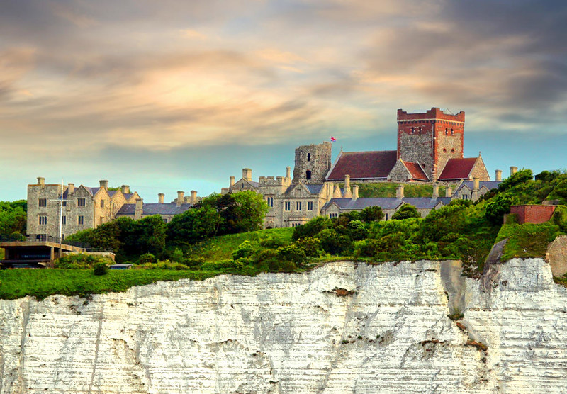 St Mary in Castro Chruch and Dover Castle ramparts above the white cliffs of Dover