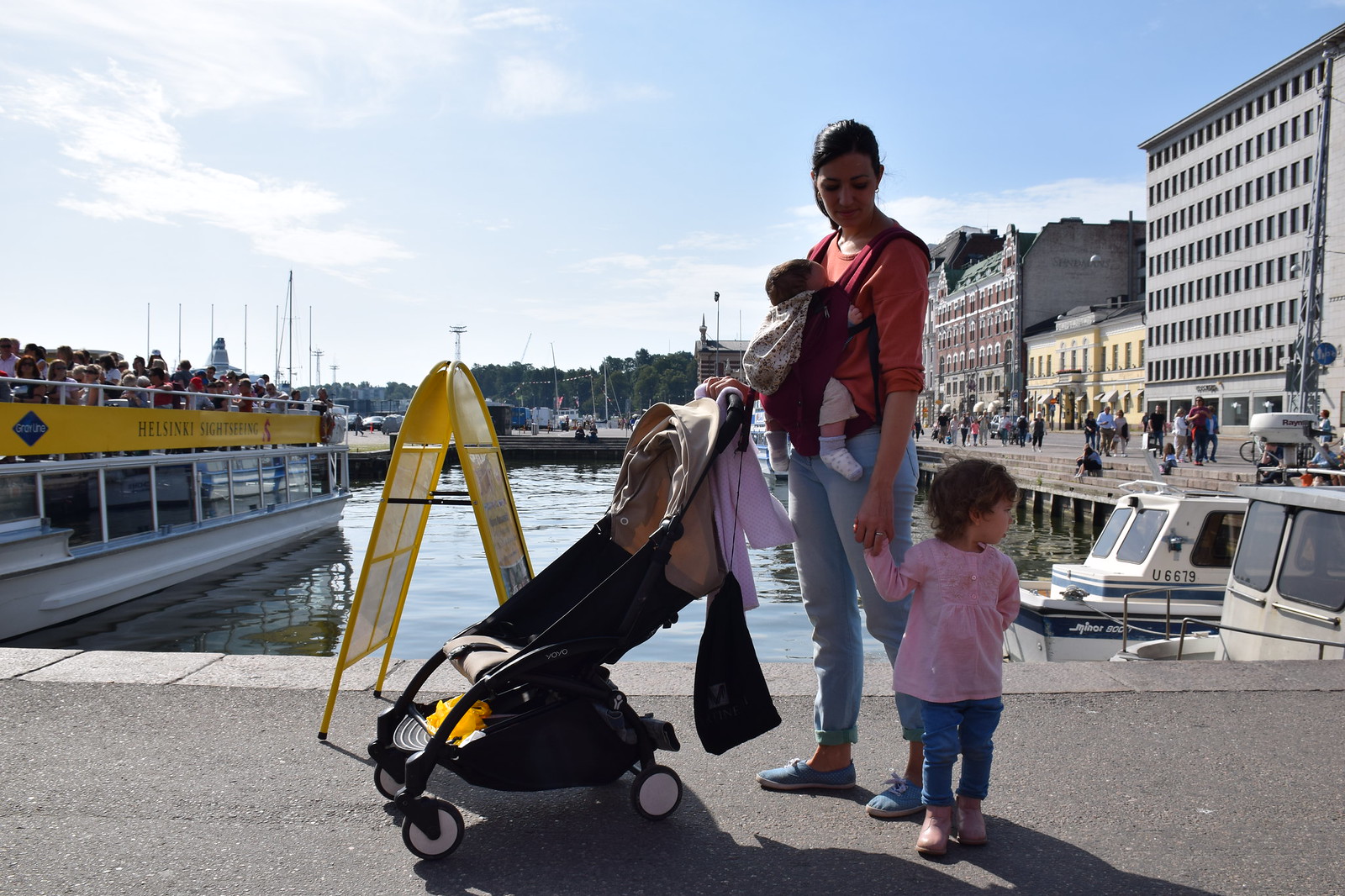Family stroll by the harbor