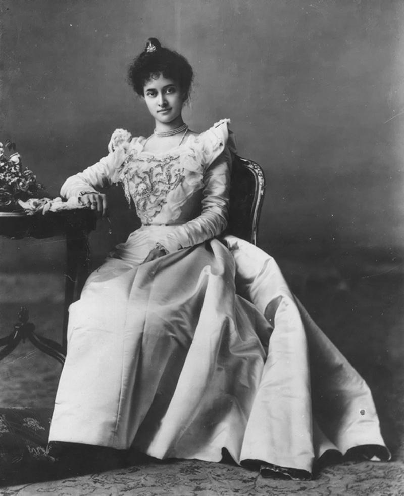 Princess Kaiulani seated wearing dress with embroidered bodice for a formal picture, 1897