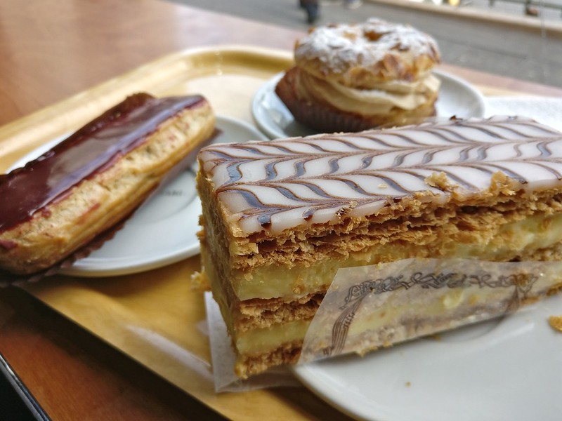 Millefeuille, Eclairs and Paris Brest at a Boulangerie in Gare Du Nord with a shot of espresso.