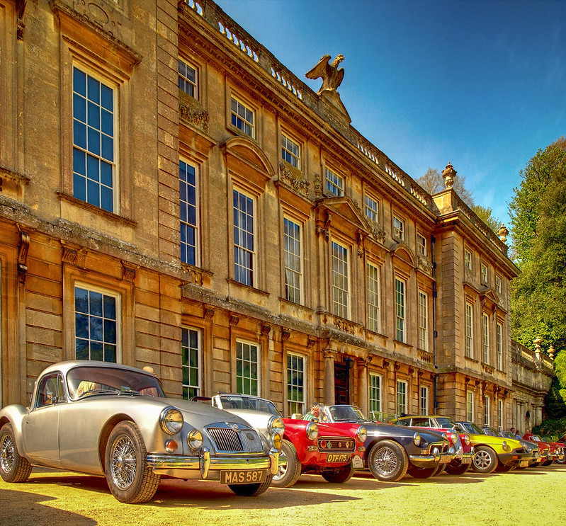 Dyrham Park mansion in Gloucestershire hosting an MG Owners Club meet. Credit Anguskirk, flickr