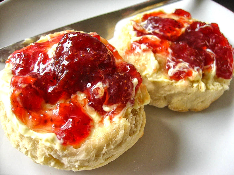 Devon style scones with clotted cream and jam. Credit Linnie, flickr