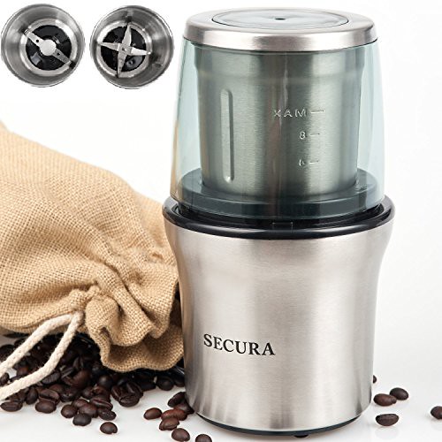 Secura Electric Coffee Grinder & Spice Grinder with 2 Stainless-Steel Blades Removable Bowl