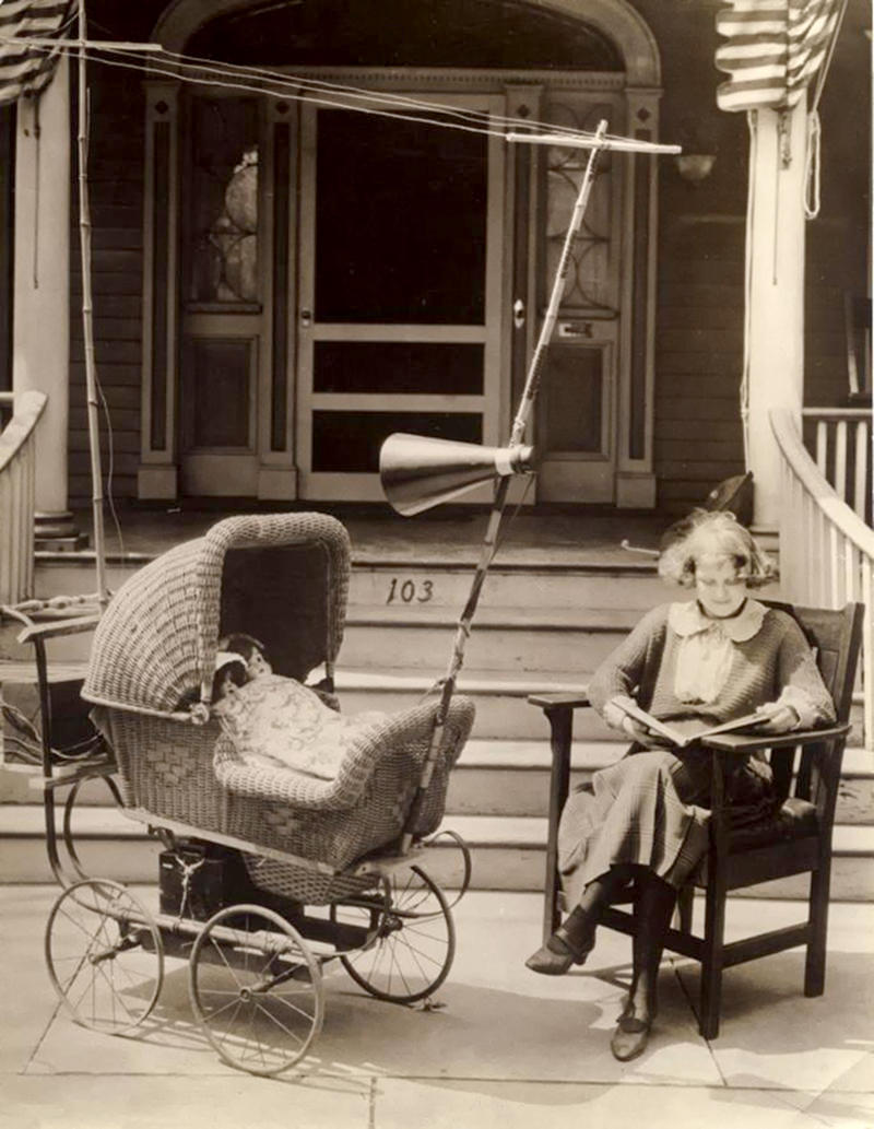 Pram provided with a radio, including antenna and loudspeaker, to keep the baby quiet. United States, 1921
