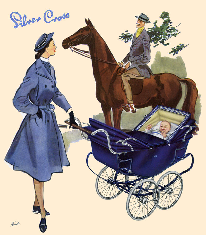 A period pram advertisement from the 1950s, produced by British pram manufacturer Silver Cross, portraying the classic British nanny and a Silver Cross coach-built pram