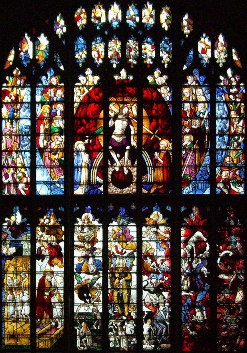 The Last Judgment. Stained glass window in St Mary's Church, Fairford, Gloucestershire
