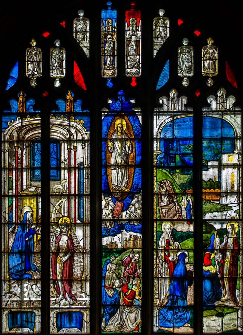The Transfiguration of Christ. Stained glass window in St Mary's Church, Fairford, Gloucestershire. Credit Julian P Guffogg