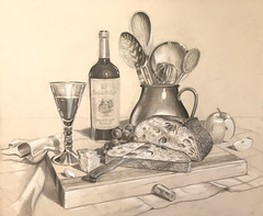Still life-wine, bread and copper pot