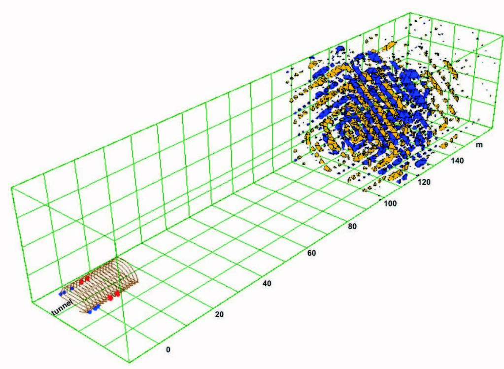 Результативный куб сигналов отражённых волн с бортов тоннеля по методу сейсмической томографии (TRT 6000).